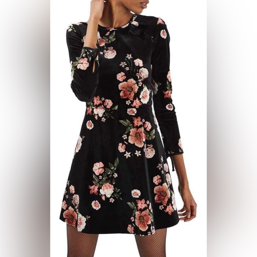 Topshop Velvet Flippy Dress Black Floral Dress